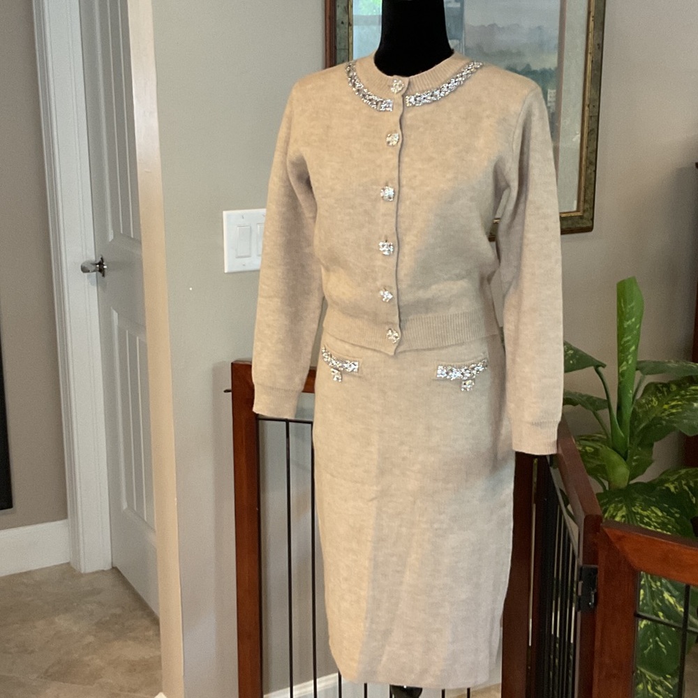 Elegant Beige Knit Cardigan and Skirt Set, Size S